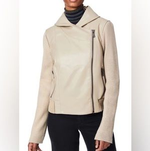 Bernardo Vegan Leather and Knit Moto Jacket with Hood Beige Size M